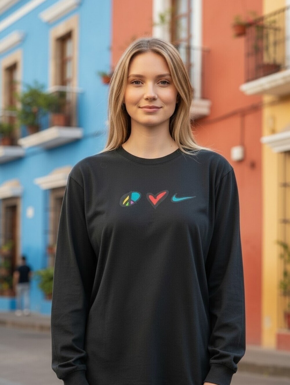 Nike Women's Size Large Peace Love Swoosh Shirt Causal Front World Sign Logo
